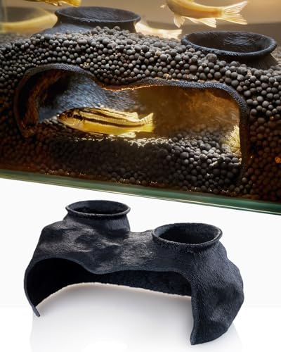 Dual-Entrance Rock-Texture Cave – Fish Tank Shelter & Aquarium Decor with 2 Tunnels, 6×3.4×2.3in (Black) - color: Black