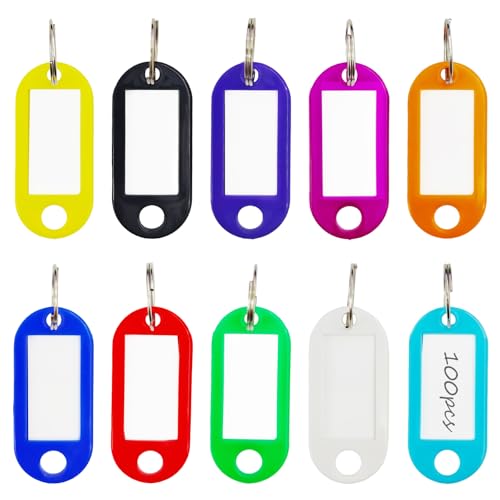 100 Pack Tough Plastic Key Tags with 10 Colors,Key Tags with Split Ring Label Window for Organization and Identification of Keys,Luggage,Pets,Bags,USB Drives - size: 100 pack