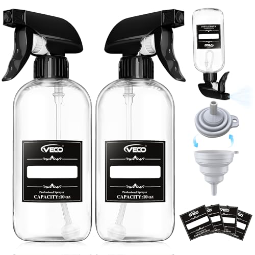 Veco 300mL (10oz) 360° Spray Bottles, 2-Pack — Adjustable Nozzle, Leak-Resistant spray bottles for Cleaning, Plants, Hair & Pet Use + Foldable Funnel - size: 10oz