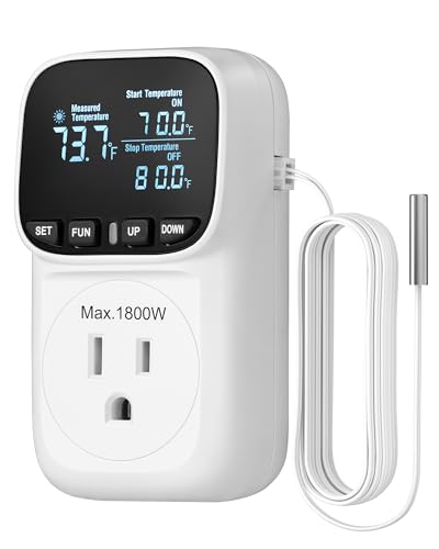 DEWENWILS Temperature Controller Outlet, 15A Thermostat Outlet, -40~210°F | VA Display, Cyclic Timing/Countdown, 1800W Control Timer for Green House, Incubation, Reptiles, Heat Lamps - color: White, size: 1 Pack