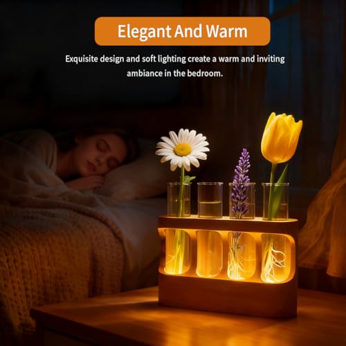 Rechargeable Plant Propagation Station with Wooden Stand,Desktop Terrarium Home Decor Dimmable LED Light 4 Glass Tubes Vases for Hydroponic Plants for Women