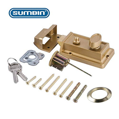 Night Latch Deadbolt Rim Lock,Antique Locks with Keys for Front Door,Gold Finish - color: Gold