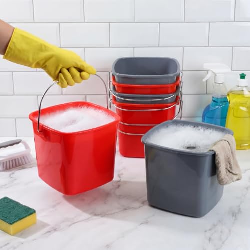 Zhehao 6 Pcs 3 Quart Bucket for Cleaning Small Sanitizer Bucket for Restaurant Square Plastic Pail with Handles for Home, Offices, Commercial Use, Food Service(Red,Gray) - color: Red,gray