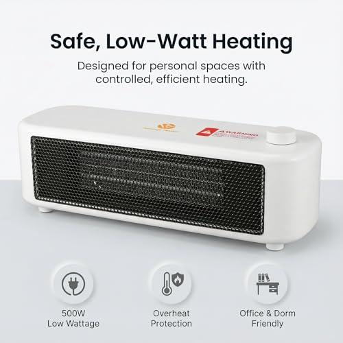 500W Graphene Far-Infrared Mini Desktop Heater, Low-Noise Personal Space Heater with Overheat Protection, Compact Under-Desk & Office Heater, 2 Heat Settings, Safe-Touch Housing