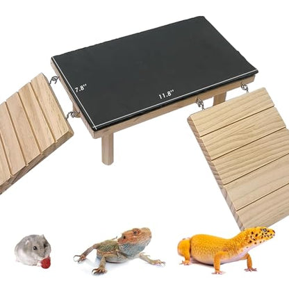 Wooden Bearded Dragon Platform Reptile Basking Platform with Slate Stone Tank Accessories for Leopard Gecko Lizard Turtle Snake (Large, 11.8 × 7.9 Inches)