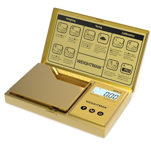 WEIGHTMAN Digital Scale Gram, 200g/0.01g Pocket Scale Gold Titanium Plating | LCD Backlit Display, Mini Jewelry Scale with 6 Units, Auto Off, Tare Function for Food, Coins, Battery Included - color: Gold