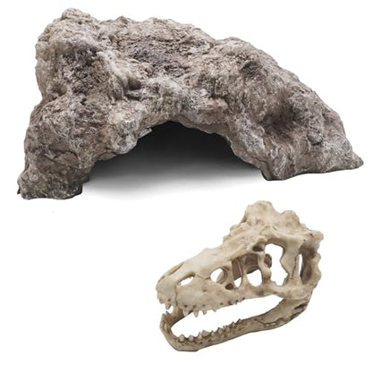 Anxingo Reptile Rock Reptile Cave Hideout for Snakes/Geckos/Lizards/Turtles and Other Amphibians, with Dinosaur Skull (Medium) - size: M