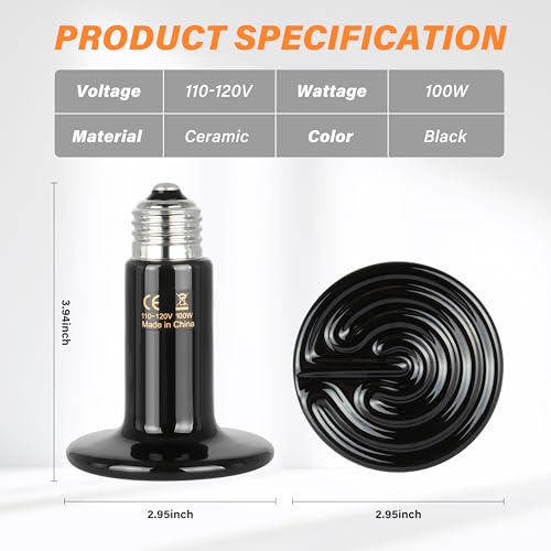 Simple Deluxe 100W Ceramic Heat Emitter 2 Pack Reptile Heat Lamp No Light Emitting Heat Bulbs for Amphibian Terrarium, Bearded Dragon Lizard Snake Turtle, Brooder Coop Incubating Chicken - size: 100W *2, style: D-75mm