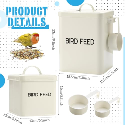 Reallnaive 2 Pcs Metal Bird Seed Container with Scoop,White | Bird Feed Storage Container with Fitted Lid, Farmhouse Style Ideal Gift for Birds and Pet Owners - color: White