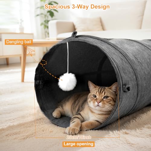 Ownpets 10" Large Cat Tunnel 3-Way U-Shape Oxford Fabric for Large Cat | Silent oxford fabric no noise, expandable 3-channel design, with plush ball ,feather wand, peek hole, for multi-cat household - size: 10 Inches in Diameter