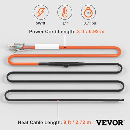 VEVOR Self-Regulating Pipe Heating Cable, 9FT 5W/FT Heat Tape for Pipes Freeze Protection, Water Pipe Heat Cable with Built-in Thermostat Protects PVC Hose, Metal and Plastic Pipe from Freezing - size: 9 Feet