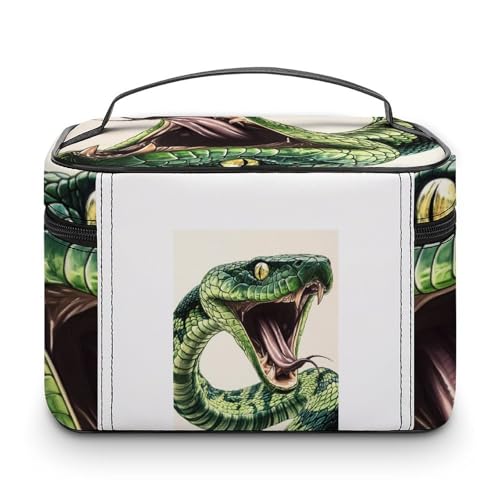 Green Snake Makeup Bag Cosmetic Case Organizer Box | portable handle,divider for skincare and brushes,large capacity,PU leather
