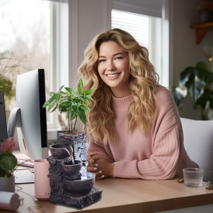 MAOCHI Indoor Tabletop Water Fountain with Planter Pot, Small Desk Waterfall with Cool LED Lights, Zen Decor for Office, Home & Bedroom, Calming Meditation Relaxation Gifts for Plant Lovers