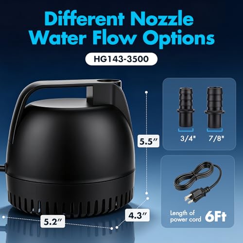 hygger 925GPH Submersible Pump Aquarium, Fish Tank Water Pump Adjustable Flow with 2 Nozzles, 10.4 ft High Lift Quiet Fountain Pump for Aquarium, Pond, Hydroponics, Water Garden - size: L