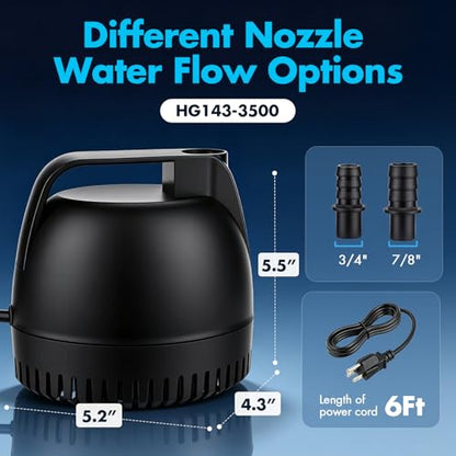 hygger 925GPH Submersible Pump Aquarium, Fish Tank Water Pump Adjustable Flow with 2 Nozzles, 10.4 ft High Lift Quiet Fountain Pump for Aquarium, Pond, Hydroponics, Water Garden - size: L