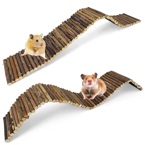 kathson 2Pcs Wooden Hamster Suspension Ladder Bridge,Bendable Long Climbing Ladders Pet Cage Toy Accessories Hideout Natural Chew Balls for Mouse Chipmunk Rabbits and Other Small Animals (Brown) - size: 21.65 x 3.54 inches