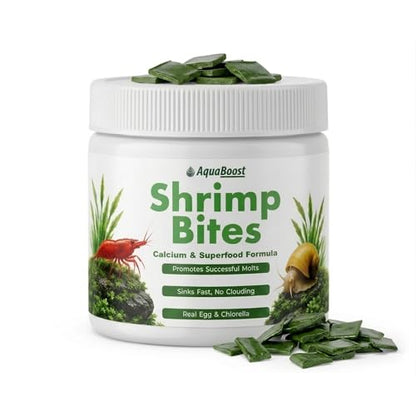 Shrimp Bites Calcium & Superfood Formula | High calcium supports molts and shell growth. Real egg and chlorella protein. Sinks fast, no clouding. Shrimp, snails, plecos
