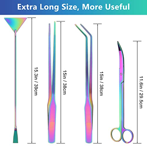 15" Aquarium Aquascape Tools Kit 4P Stainless Steel Aquascaping Set | 4in1 Extra Long Full Metal Design, Scissors, 2P Tweezers And Sand Spatula, For Trimming Plants, Arranging Sand And Aquascape - color: Colorful