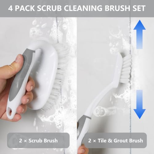Scrub Brush Set, 4 Pack Deep Cleaning Brush Kit, Gray | 2 Scrub Brush, 2 Tile & Grout Brush with Built-in Scraper, Household Commercial Scrubber for Floor, Shower, Pool Wall, Tub - color: Gray