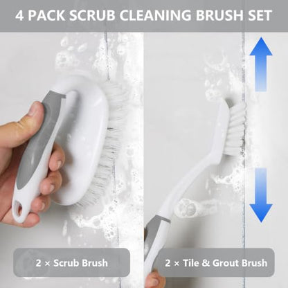 Scrub Brush Set, 4 Pack Deep Cleaning Brush Kit, Gray | 2 Scrub Brush, 2 Tile & Grout Brush with Built-in Scraper, Household Commercial Scrubber for Floor, Shower, Pool Wall, Tub - color: Gray