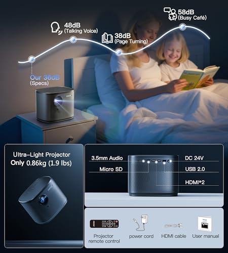Miroir Mini Projector, Home HD Projector with Built-in Speaker, Auto Focus, Keystone Correction, Portable for Outdoor Movies, Compatible with Smartphone, TV Stick, Laptop, HDMI, USB