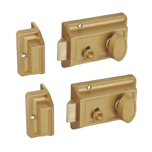 Night Latch Deadbolt Rim Lock,Antique Locks with Keys for Front Door,Gold Finish 2 Sets - color: QR3564-2 Gold