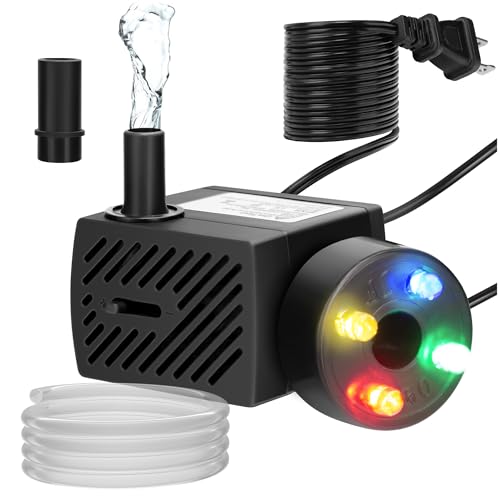 DaToo Mini Submersible Fountain Water Pump With LED Light 95GPH 5W Small Ultra Quiet Water Pump With Tubing For Aquarium Fish Tank Outdoor Pond Water Feature Fountain Statuary - size: 95GPH 5W(4 LED)