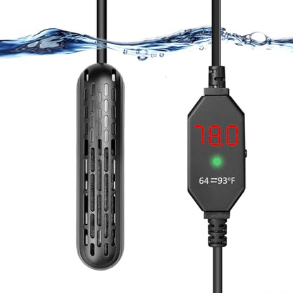 YukiHalu Small Aquarium Heater 25/50/100/150W with Protective Cover, Mini Fish Tank Heater, External Controller, Temperature Adjustable, Digital Display, Used for 5/10/20/30 Gallons (100W-20Gallon) | 25/50/100/150W Options, Protective Cover, External Cont