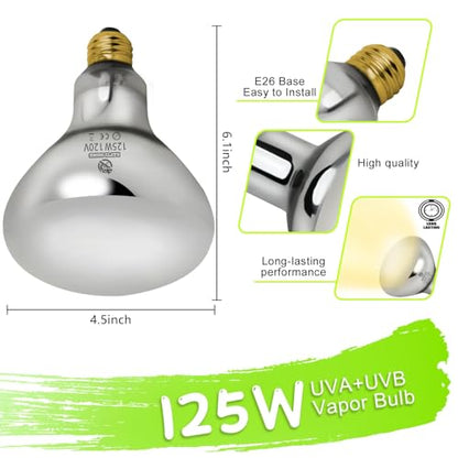 125W UVA UVB Vapor Reptile Heat Lamp, High Intensity Self-Ballasted UVB Basking Lamp Bulb,Full Spectrum Sun Light for Reptiles and Amphibians - size: UV 125W
