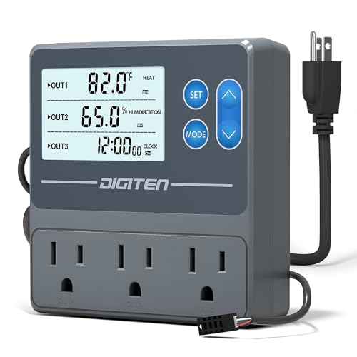 Digital Temperature Humidity Controller Pre-Wired Outlets for Mushroom, Reptile, Heating/Cooling On Outlet 1, Humidifier/Dehumidifier On Outlet2, Timer On Outlet 3