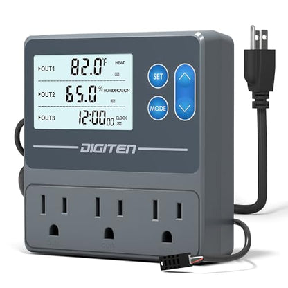 Digital Temperature Humidity Controller Pre-Wired Outlets for Mushroom, Reptile, Heating/Cooling On Outlet 1, Humidifier/Dehumidifier On Outlet2, Timer On Outlet 3