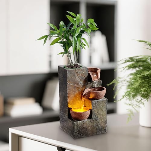 Tabletop Water Fountain – 3-Tier Rock Indoor Waterfall Fountain | Warm LED Light and DIY Planting Pot – Relaxing Small Water Feature for Desk or Home Decor - color: 3-bowl Rock