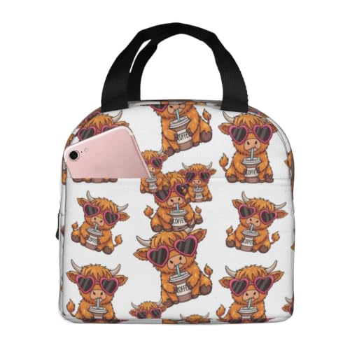 Unisex Funny Highland Print Insulated Lunch Box Durable | Cute Funny Highland Cow Heart Glasses, Oxford Foam Insulated Tote, Adjustable Strap for Travel, Gym & Hiking - color: Pattern (864)