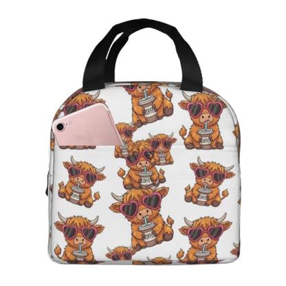 Unisex Funny Highland Print Insulated Lunch Box Durable | Cute Funny Highland Cow Heart Glasses, Oxford Foam Insulated Tote, Adjustable Strap for Travel, Gym & Hiking - color: Pattern (864)