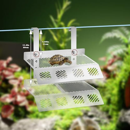 Turtle Tank Accessories, Height Adjustable Stainless Steel Hanging Basking Platform with Ramp, Tortoise Habitat Accessories, Turtle Basking Platform, Tortoise Climbing Ramp