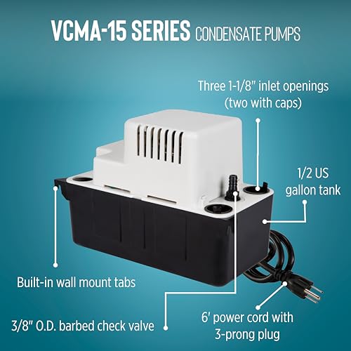 Little Giant VCMA-15ULT 115 Volt, 65 GPH, 1/50 HP Automatic Condensate Removal Pump with Tubing (no safety switch), Black/White, 554411 | 6' cord w/ plug, 20' Tubing, No safety switch, 1/50 HP, 15' shutoff, Automatic, 1/2 gal tank, For HVAC /dehumidifiers