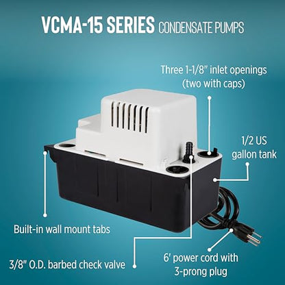 Little Giant VCMA-15UL 115 Volt, 65 GPH, 1/50 HP Automatic Condensate Removal Pump for HVAC/Refrigeration Systems/Dehumidifiers (no safety switch), 6-Foot Cord, Black/White, 554401 | 6' cord w/ plug, No safety switch, 1/50 HP, 15' shutoff, Automatic, 1/2