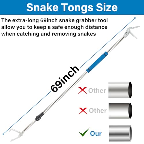 Snake Grabber Tool, 69" Snake Tongs Long Handle for Rattlesnake Reptile Tongs Heavy Duty Long Catcher Reach Grabber Stainless Steel Materials Sponge Handle Wide Jaw (69 inches)