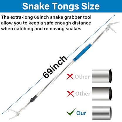 Snake Grabber Tool, 69" Snake Tongs Long Handle for Rattlesnake Reptile Tongs Heavy Duty Long Catcher Reach Grabber Stainless Steel Materials Sponge Handle Wide Jaw (69 inches)
