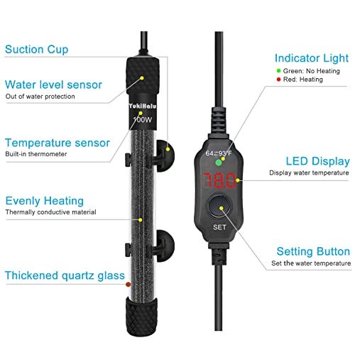 YukiHalu Small Submersible Aquarium Heater, Adjustable Mini Fish Tank Heater 25W 50W 100W 200W 300W with External Temperature Controller, LED Display, Used for 5/10/20/40/60 Gallons (100 Watts) - size: 100 Watts