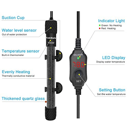 YukiHalu Small Submersible Aquarium Heater, Adjustable Mini Fish Tank Heater 25W 50W 100W 200W 300W with External Temperature Controller, LED Display, Used for 5/10/20/40/60 Gallons (100 Watts) - size: 100 Watts