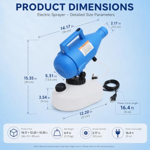4.5l (1.2 Gallon) Electric Ulv Portable Fogger Sprayer Machine Cold Fogger Machine Spraying Distance 30ft W/16.4ft Cord for Home,Hotel,Church,School,Yard