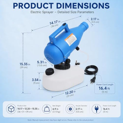 4.5l (1.2 Gallon) Electric Ulv Portable Fogger Sprayer Machine Cold Fogger Machine Spraying Distance 30ft W/16.4ft Cord for Home,Hotel,Church,School,Yard