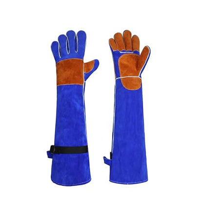Long Leather Welding Gloves Animal Handling Scratch Bite Proof | 24 Inch Full arm coverage.Flame-retardant split leather shields against intense welding heat and animal bites. - color: Blue