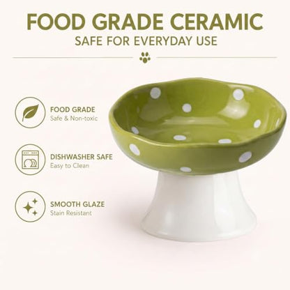 Mushroom Cat Bowl, Elevated Ceramic Cat Bowl, Avocado Green | Cute Mushroom Design • Avocado Green • Elevated Feeding • Whisker Friendly • Smooth Ceramic - color: Avocado Green