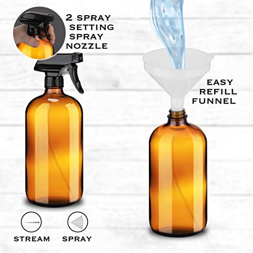 Large 32oz Amber Glass Spray Bottles with Funnel - Refillable Trigger Sprayer Containers for Oils, Cleaning Products, Plant Misting, Cooking, Hair, and Beauty. Includes 4 Bottles and 1 Funnel. - size: 4 Count (Pack of 1)
