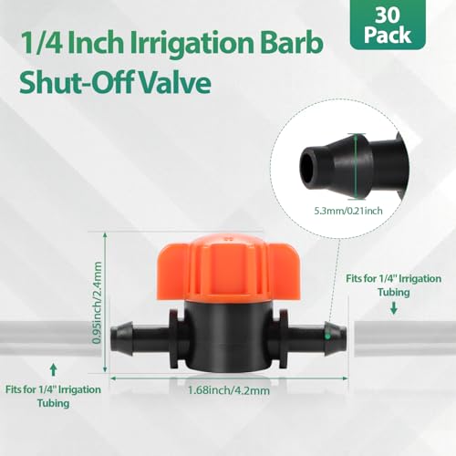 RedChili 30 Pack 1/4" Drip Irrigation Shut Off Valves, in-Line Barbed Ball Valve for 1/4 Inch Drip Irrigation Tubing Anti-Drop Drip Line Water Flow Control Valve Parts for Garden Irrigation System - size: 1/4" Shutoff Valve-30P