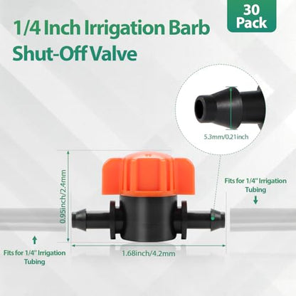 RedChili 30 Pack 1/4" Drip Irrigation Shut Off Valves, in-Line Barbed Ball Valve for 1/4 Inch Drip Irrigation Tubing Anti-Drop Drip Line Water Flow Control Valve Parts for Garden Irrigation System - size: 1/4" Shutoff Valve-30P
