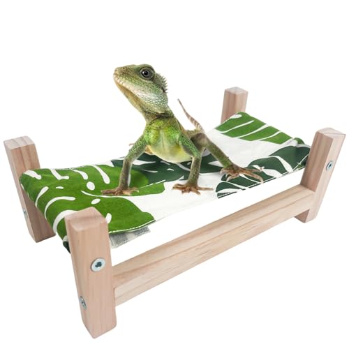 1PCS Bearded Dragon Bed, Wooden&Soft Fabric Reptile Bedding Hammock, Bearded Dragon Tank Accessories,Habitat Accessories for Leopard Gecko Snake Lizard or Other Small Animal (Green, Small) - size: Small
