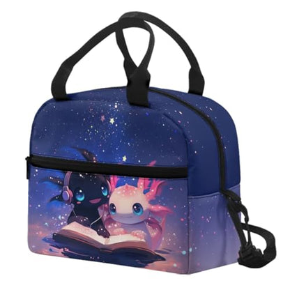 Axolotl Kids Lunch Bag Girls Reptiles Lunch Box Outdoor Book Insulated Lunch Tote Bag Portable Lunch Containers Travel Camping Lunchbag with Shoulder Straps Galaxy Lunch Boxes - color: Axolotl Book Galaxy